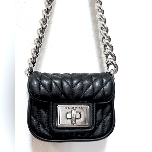 Karl Lagerfeld Micro Mini purse bag Black Quilted Leather & CHUNKY Silver Chain